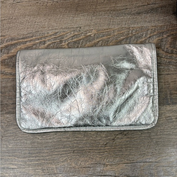 Marc Jacobs Metallic Silver Leather Fold Over Clutch